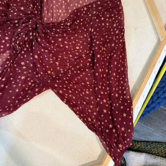 Free People Star Dazed Burgundy Gold Boho Kimono OS Festival Celestial Fairycore - Picture 7 of 8